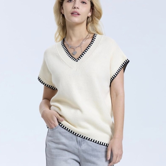 Women's Cream V-Neck Sweater - Picture 1 of 4